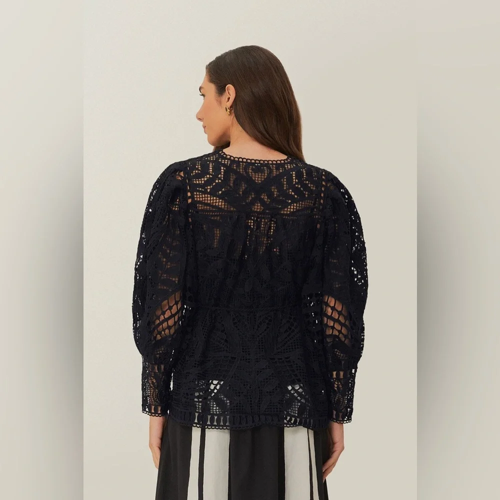 FARM Rio Black Guipire Puff Sleeve Blouse
